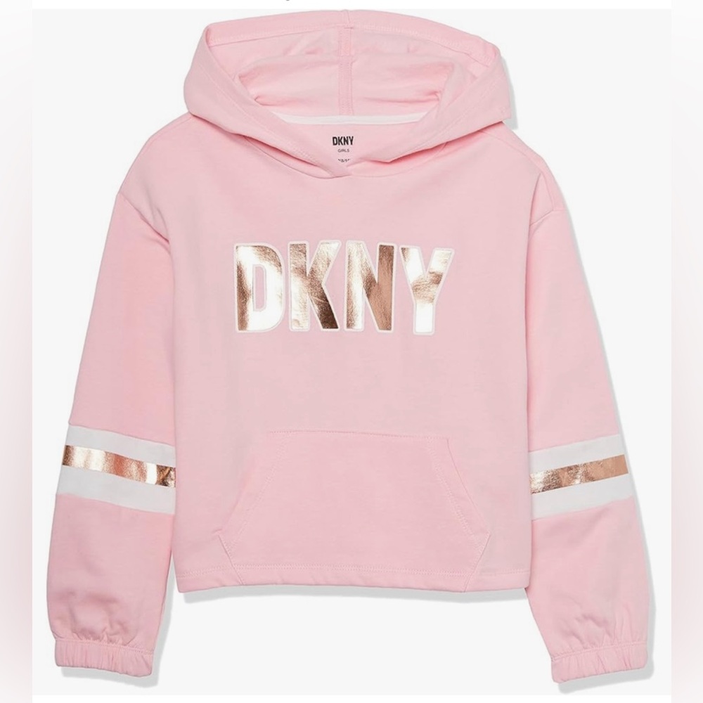 NWT DKNY light pink & rose gold logo pullover sweatshirt with hoodie/size: 8-10